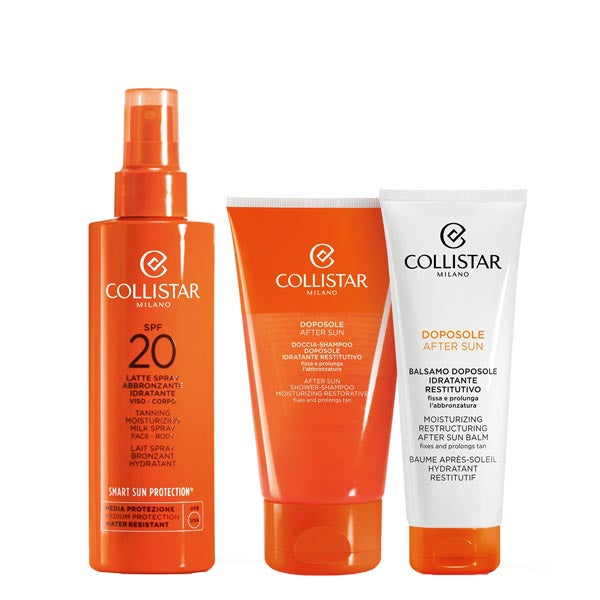 COLLISTAR KIT ABBRONZANTE LATTE SPRAY SPF20 + SHAMPOO + BALSAMO - Tre Pi Profumerie