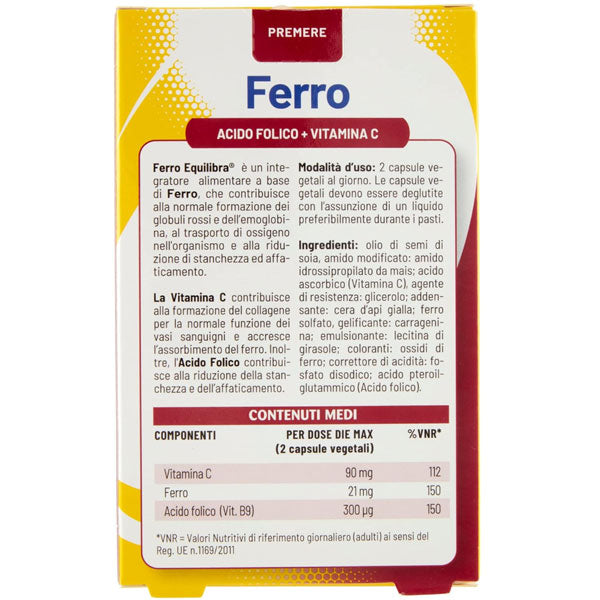 EQUILIBRA INTEGRATORE FERRO ACIDO FOLICO + VITAMINA C 60 CAPSULE - Tre Pi Profumerie