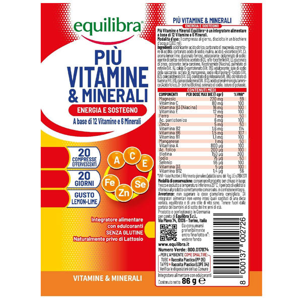 EQUILIBRA INTEGRATORE PIU VITAMINE E MINERALI ENERGIA 20 CPR - Tre Pi Profumerie