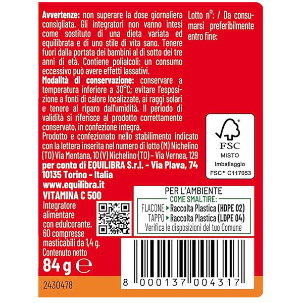EQUILIBRA INTEGRATORE VITAMINA C 500 MG SISTEMA IMMUNITARIO 30 C - Tre Pi Profumerie