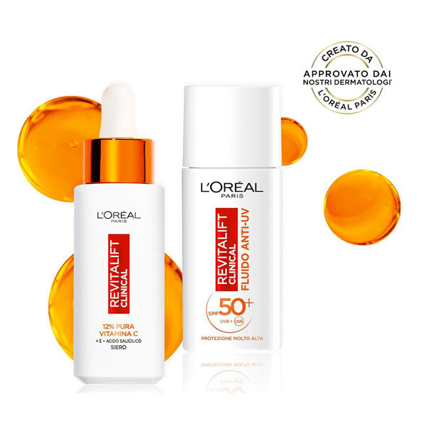 L'OREAL COFANETTO SIEROVISO VITAMINA C + FLUIDO ANTI-UV SPF 50+ - Tre Pi Profumerie