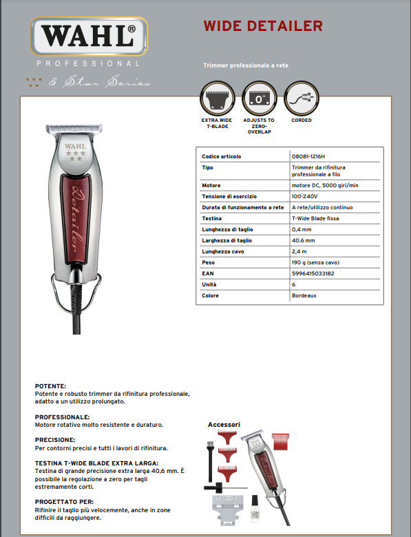 WAHL PROFESSIONAL TAGLIACAPELLI DETAILER EXTRA WIDE T-BLADE - Tre Pi Profumerie