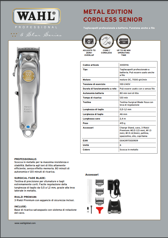 WAHL TAGLIACAPELLI SENIOR METAL CORDLESS - Tre Pi Profumerie