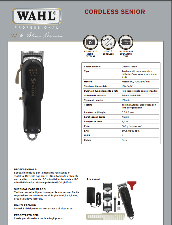 WAHL PROFESSIONAL TAGLIACAPELLI 5 STAR SENIOR CORDLESS - Tre Pi Profumerie